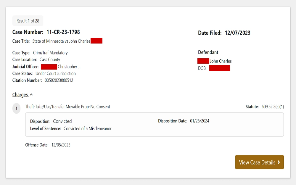 A screenshot showing case details from the Minnesota Judicial Branch, including the case tile, type, location and status, defendant's complete name, date of birth, judicial officer, citation number, charges, disposition, sentence level, offense and disposition date.