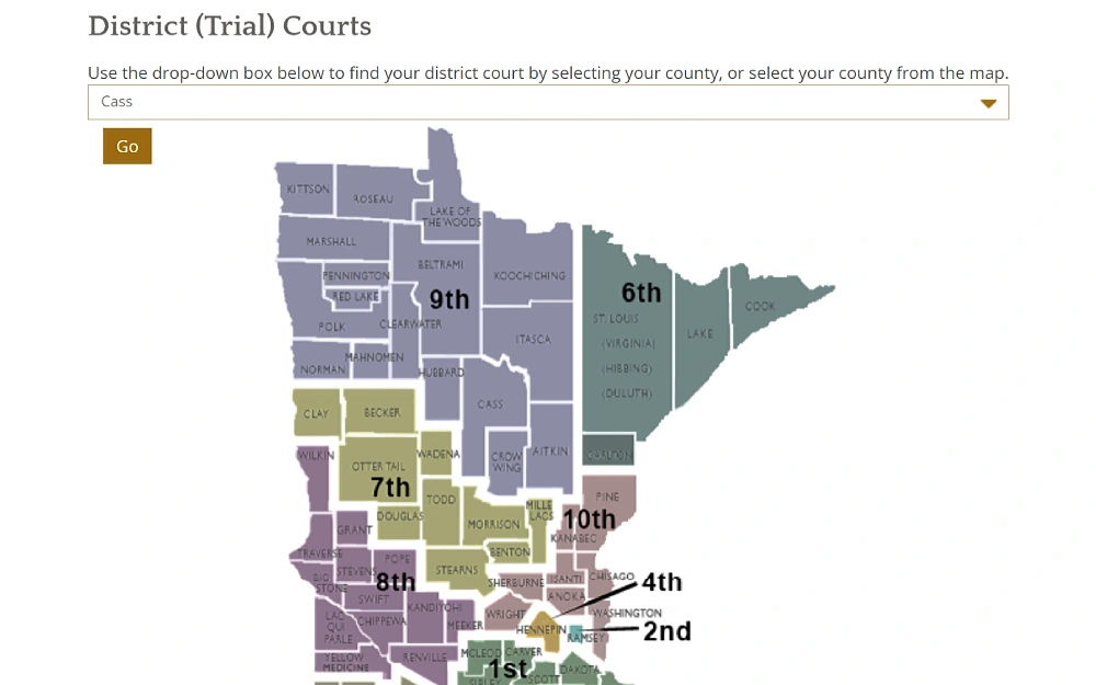 A screenshot displaying a district (trial) court search with a drop-down box to select the specific county and a visual clickable map to view the details.