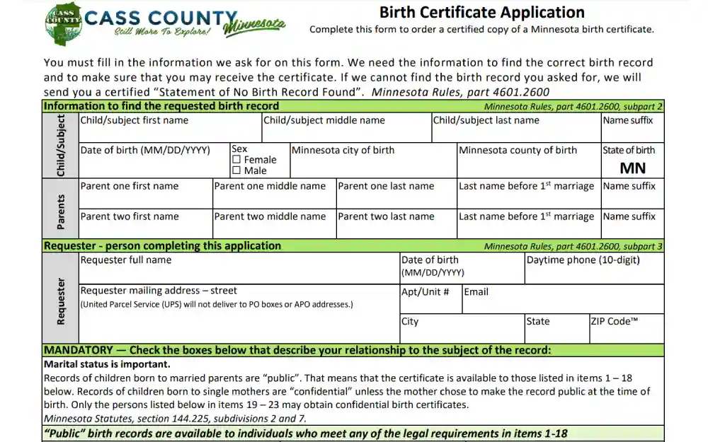 A screenshot shows a birth certificate application form from the Cass County Auditor-Treasurer, which requires detailed information about the child or subject of the record, parents' names, and the requester's details, along with checkboxes to describe the requester's relationship to the subject according to statutory regulations.