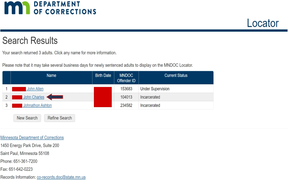 A screenshot from the Minnesota Department of Corrections showing a table of search results with names, birth dates, offender IDs, and current statuses of three individuals, with options available for a new search or to refine the existing search.