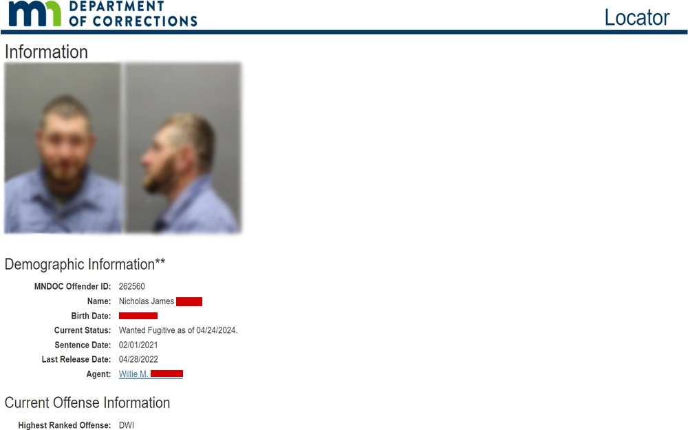 A screenshot from the Minnesota Department of Corrections showing an inmate profile with front and side mugshots, demographic information including an offender ID, name, birth date, current status as a fugitive, sentence date, last release date, and the agent's name, along with the most serious offense listed.