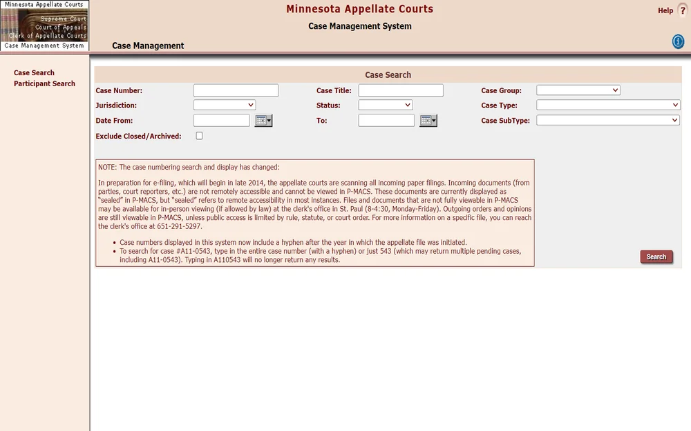 A screenshot from the Minnesota Appellate Courts displaying a search form with various filters, including case number, case title, jurisdiction, case type, and date range, along with a note on case numbering changes and instructions for searching case records.