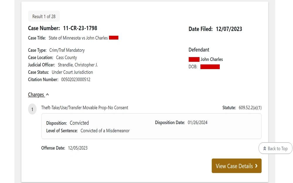 A screenshot from the Minnesota Judicial Branch showing the summary of a criminal case, including the case number, title, type, location, judicial officer assigned, status, citation number, and a charge of theft with details on the conviction, sentence level, offense date, statute number, and disposition date, along with options to view further case details.