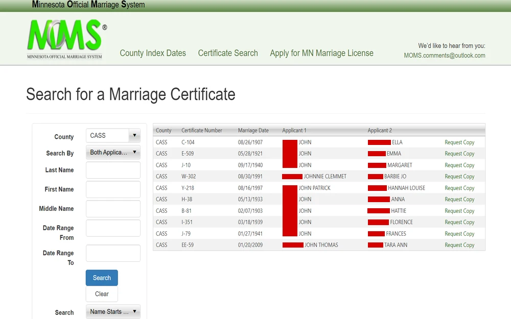 A screenshot from the Minnesota Official Marriage System showing a search interface for marriage certificates with a list of results from a specific county, including certificate numbers, marriage dates, and names of both applicants, along with links to request copies of the certificates.