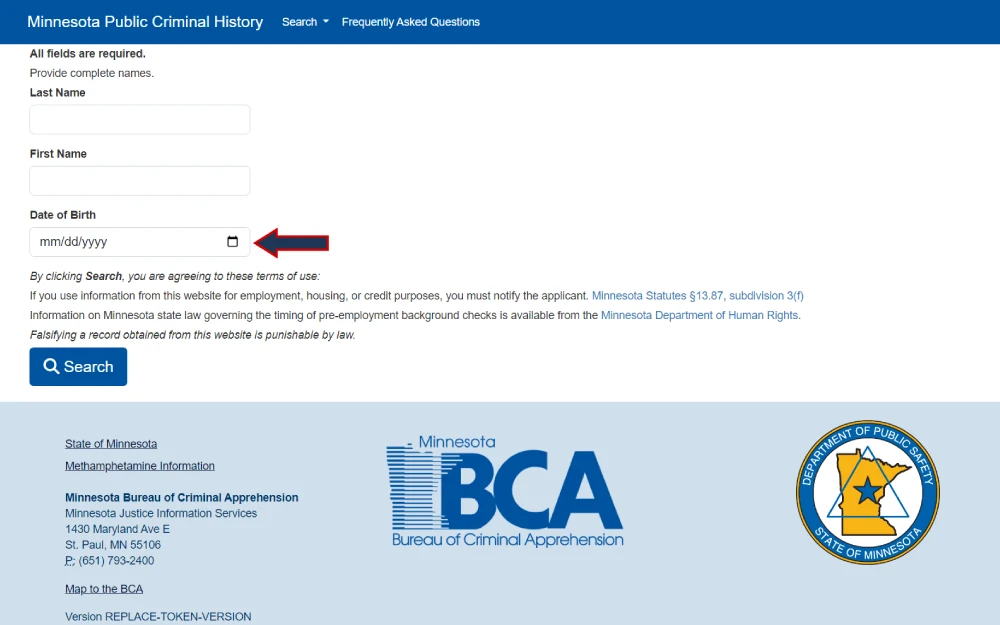 A screenshot from the Minnesota Department of Public Safety displays a criminal history search form requiring full name and date of birth for the search and includes a disclaimer about the terms of use and legal ramifications of falsifying records obtained from the site.