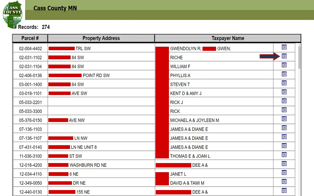 A screenshot displays a list from the Cass County Auditor-Treasurer showing parcel numbers, property addresses, and taxpayers' names for various properties within the county, neatly organized in a tabular format with options to view further details for each entry.